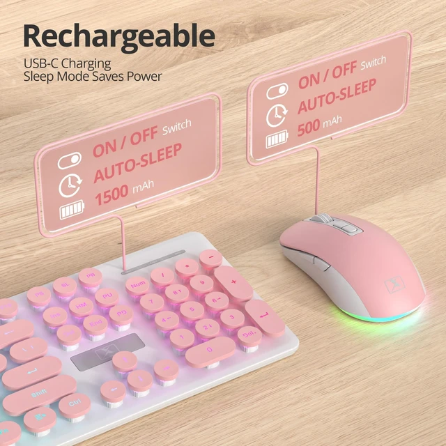 Alt view image 4 of 5 - Owpkeenthy Cute Wireless Keyboard and Mouse Backlit, Rechargeable Full-Sized Keyboard with Number Pad Quiet Typewriter 2.4G Plug and Play, Auto Sleep for Home Office (Pink)
