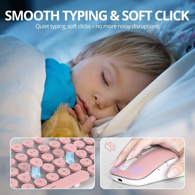 Alt view image 5 of 5 - Owpkeenthy Cute Wireless Keyboard and Mouse Backlit, Rechargeable Full-Sized Keyboard with Number Pad Quiet Typewriter 2.4G Plug and Play, Auto Sleep for Home Office (Pink)