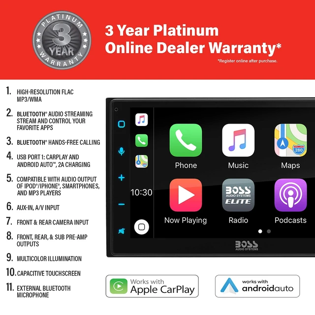 Alt view image 2 of 5 - BOSS Audio Systems Elite Series BE950WCPA Wireless Apple CarPlay Android Auto Car Multimedia Player - 6.75 Inch Capacitive Touchscreen, Bluetooth, No DVD