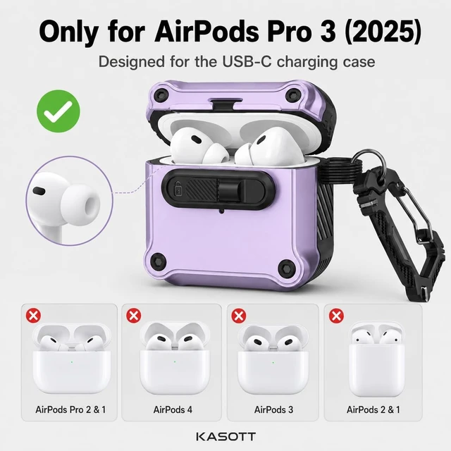 Alt view image 2 of 5 - KASOTT for AirPods Pro 3 Case (2025), MagSafe, Secure Slide Lock, Carabiner
