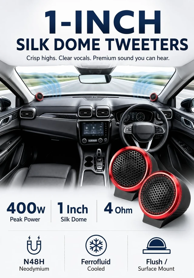 Alt view image 2 of 5 - TANVSO 1 Inch Tweeters for Car Audio, 400W Peak System Power 4 Ohm Silk Dome Car Tweeters with N48H Neodymium Magnets, Ferrofluid Cooling, 12dB Crossovers, Flush/Surface Mount, 2 Pack
