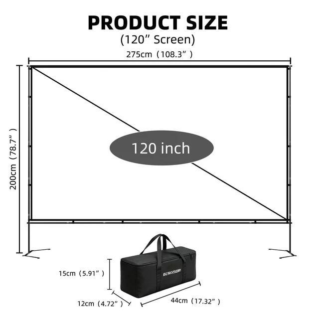 Alt view image 2 of 5 - BENOISON 120inch Portable 16:9 4K HD Outdoor Projector Screen with Stand