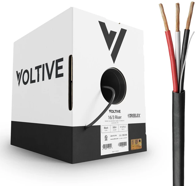 Main image of Voltive 16/3 Low Voltage Wire, Riser CL3R, Black, 500ft - 16AWG, 3 Conductors, Stranded Bare Copper, UL Listed - V-1272-2