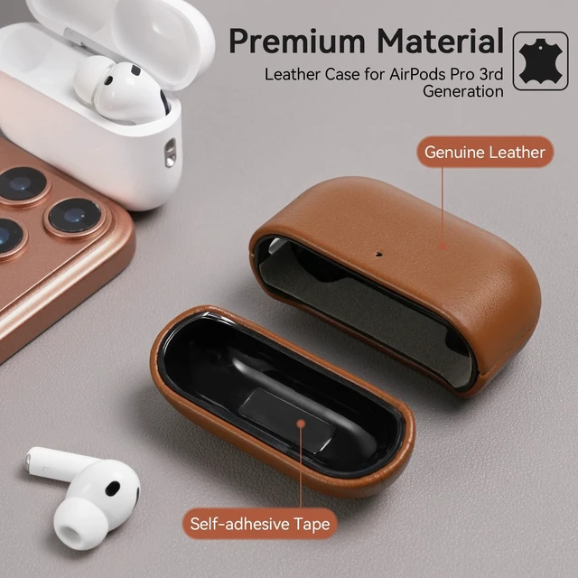 Alt view image 4 of 5 - Ensfomte for AirPod Pro 3 Case, Geniune Leather Case, Compatible with AirPods Pro 3rd Generation Case (2025), AirPods Pro 3 case Leather Protective Cover with Lanyard & Cleaner Kit