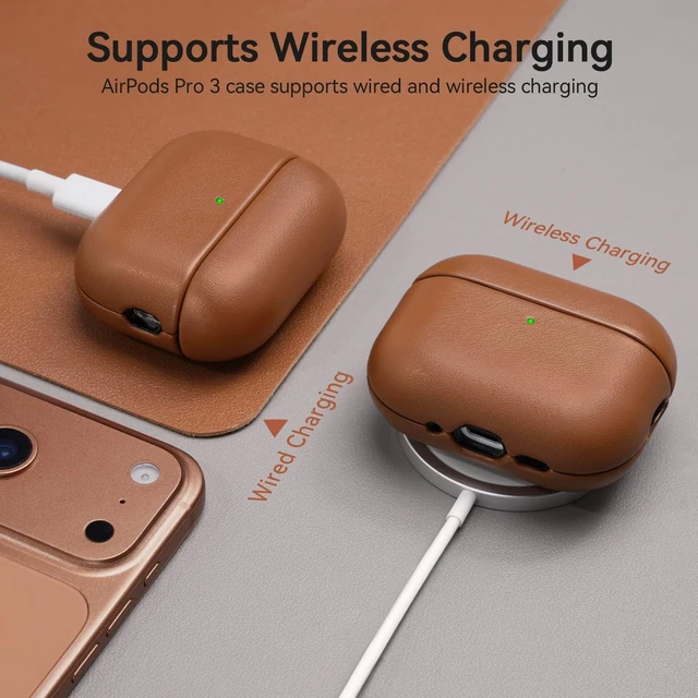 Alt view image 5 of 5 - Ensfomte for AirPod Pro 3 Case, Geniune Leather Case, Compatible with AirPods Pro 3rd Generation Case (2025), AirPods Pro 3 case Leather Protective Cover with Lanyard & Cleaner Kit