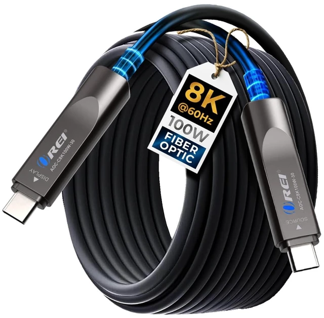 Main image of OREI 8K USB-C 3.2 Fiber Optic Cable 30ft 10Gbps, 100W PD, DP Alt Mode