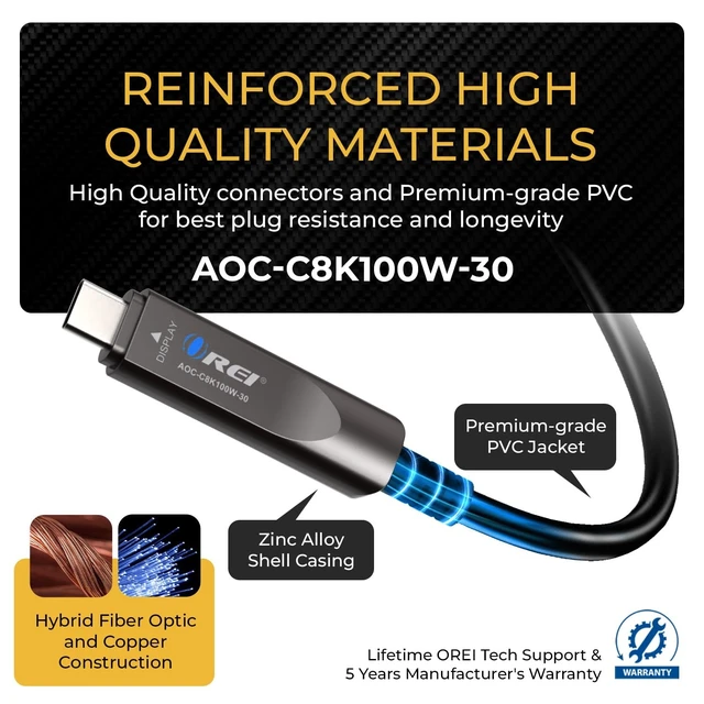 Alt view image 5 of 5 - OREI 8K USB-C 3.2 Fiber Optic Cable 30ft 10Gbps, 100W PD, DP Alt Mode