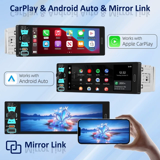 Alt view image 3 of 5 - Single Din Car Radio Stereo with Wireless Apple CarPlay/Android Auto