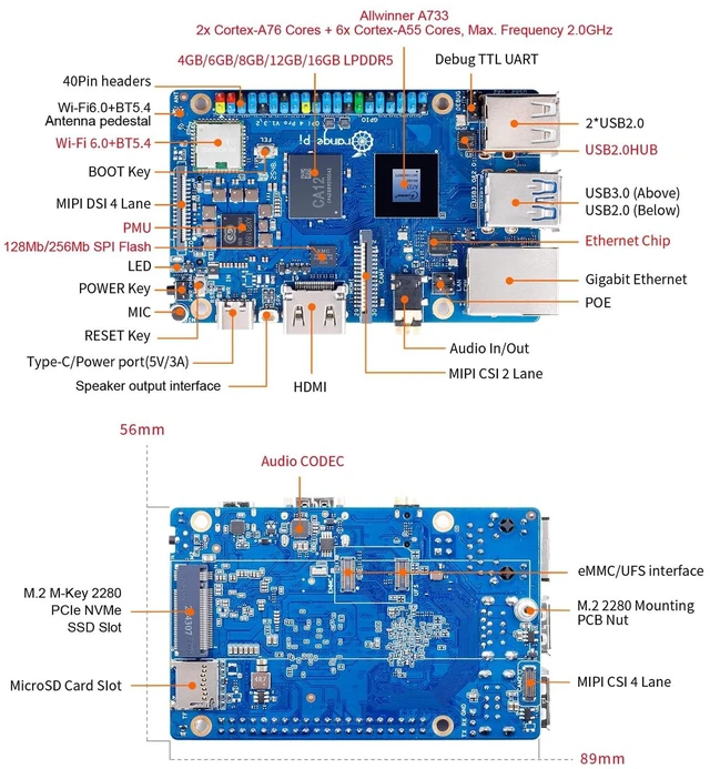 Alt view image 4 of 5 - Orange Pi 4 Pro 4GB LPDDR5 8 Core 64 Bit Single Board Computer, 3TOPS AI NPU Allwinner A733 WiFi 6 & Bluetooth 5.4 Frequency 2.0GHz Mini PC Run Android, Linux, Orange Pi OS