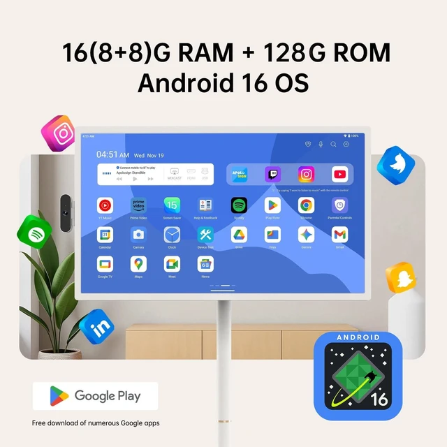 Alt view image 3 of 5 - ApoloSign 32 inch FHD Smart Portable TV Gen2, 16G +128G Storage, Android 16, 15000mAh, Rolling TV on Wheels with Rotatable Touch Screen, Built-in Battery, Full Swivel Rotation, Voice Remote