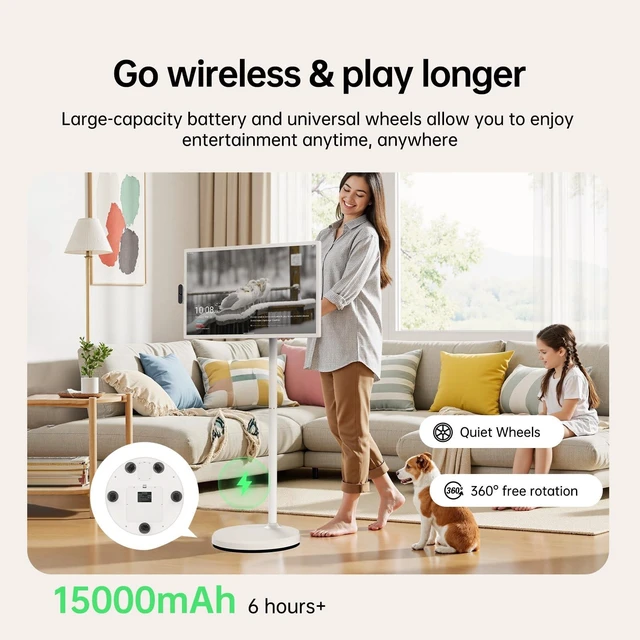 Alt view image 5 of 5 - ApoloSign 32 inch FHD Smart Portable TV Gen2, 16G +128G Storage, Android 16, 15000mAh, Rolling TV on Wheels with Rotatable Touch Screen, Built-in Battery, Full Swivel Rotation, Voice Remote