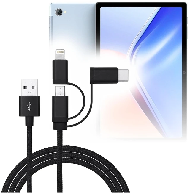 Main image of BoxWave Cable Compatible with Blackview Tab 15 - AllCharge 3-in-1 Cable - Jet Black