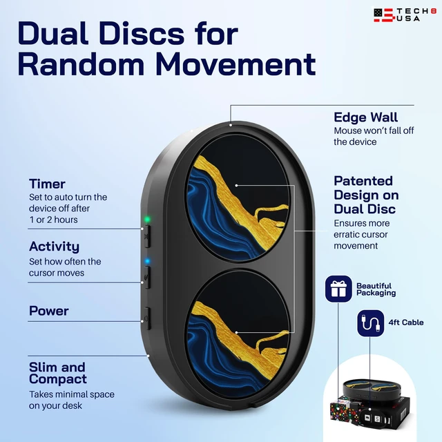 Alt view image 4 of 5 - TECH8 USA Dual Disc Mouse Mover Device, Undetectable Mouse Jiggler for Laptops, PC, No Software, Random Movement, Patented, Designed, Engineered, Packaged in USA - IndiGold