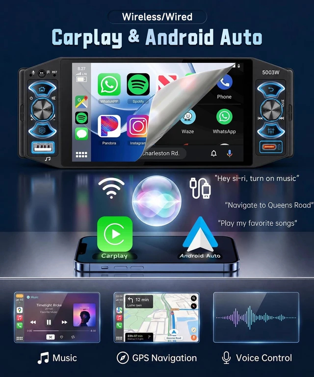 Alt view image 2 of 5 - Single Din Car Stereo 5 Inch IPS Touchscreen Wired Wireless Carplay Android Auto Mirror Link FM AM RDS Bluetooth Hands Free Audio Player Steering Wheel Control Backup Camera