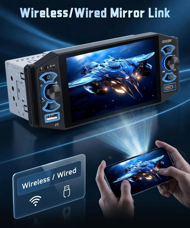 Alt view image 3 of 5 - Single Din Car Stereo 5 Inch IPS Touchscreen Wired Wireless Carplay Android Auto Mirror Link FM AM RDS Bluetooth Hands Free Audio Player Steering Wheel Control Backup Camera