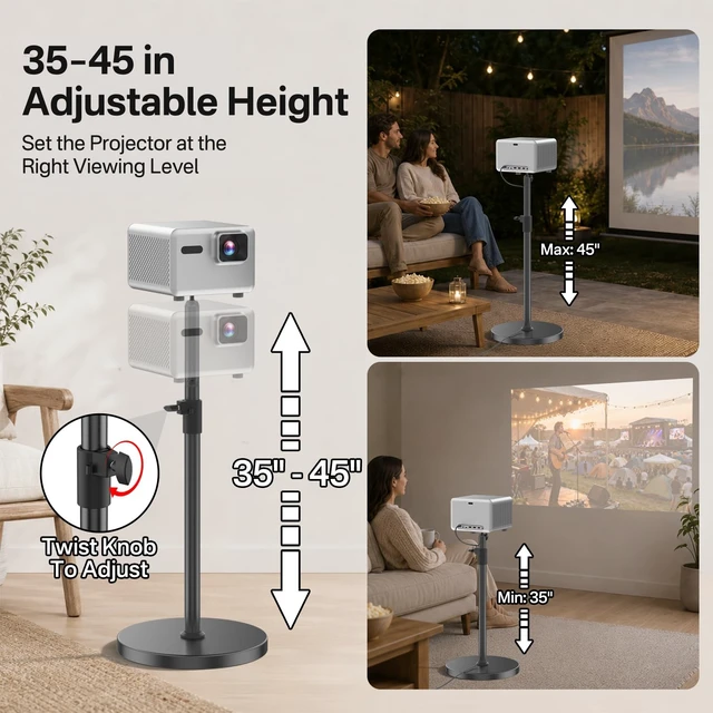 Alt view image 5 of 5 - Heavy Duty Projector Stand Floor Adjustable Height 35''-45'', 1/4 Screw Projector Stand 360 Rotatable, Built-in Cable Management, Compatible with Projector, Camera, Webcam for Home & Office & Outdoor