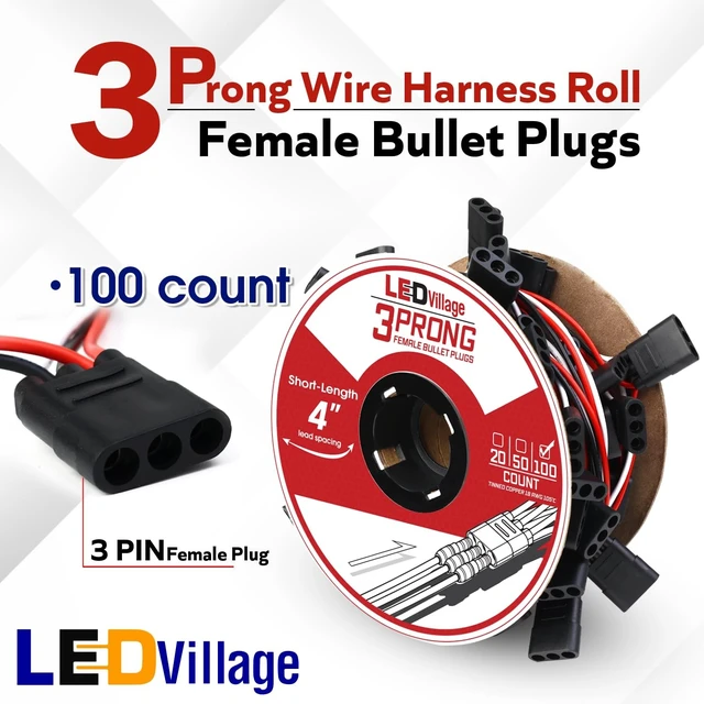 Alt view image 2 of 5 - Ledvillage 100 Counts of 3 Prong Female Bullet Plug Wiring Harness Continuous Wire Harness Roll (4" Lead Spacing Between Plugs) 3 Prong Socket Plug