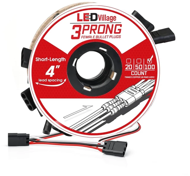 Main image of Ledvillage 100 Counts of 3 Prong Female Bullet Plug Wiring Harness Continuous Wire Harness Roll (4" Lead Spacing Between Plugs) 3 Prong Socket Plug