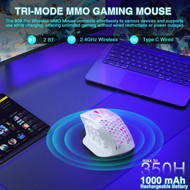 Alt view image 3 of 5 - SOLAKAKA SM809 Pro Gaming Mouse with 9 Side Buttons,24000 DPI RGB Mouse for Gamer,16 Programmable Macros MMO Mouse (Wireless, 1-white2)