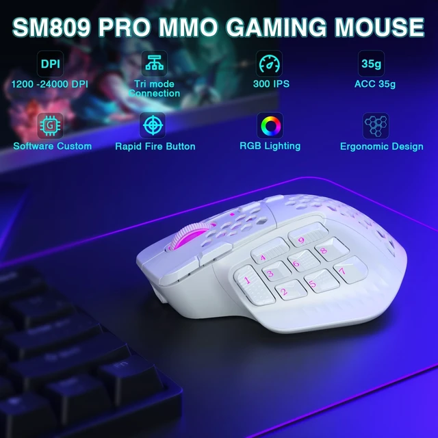 Alt view image 2 of 5 - SOLAKAKA SM809 Pro Gaming Mouse with 9 Side Buttons,24000 DPI RGB Mouse for Gamer,16 Programmable Macros MMO Mouse (Wireless, 1-white2)