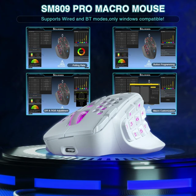 Alt view image 4 of 5 - SOLAKAKA SM809 Pro Gaming Mouse with 9 Side Buttons,24000 DPI RGB Mouse for Gamer,16 Programmable Macros MMO Mouse (Wireless, 1-white2)
