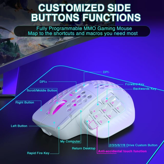 Alt view image 5 of 5 - SOLAKAKA SM809 Pro Gaming Mouse with 9 Side Buttons,24000 DPI RGB Mouse for Gamer,16 Programmable Macros MMO Mouse (Wireless, 1-white2)