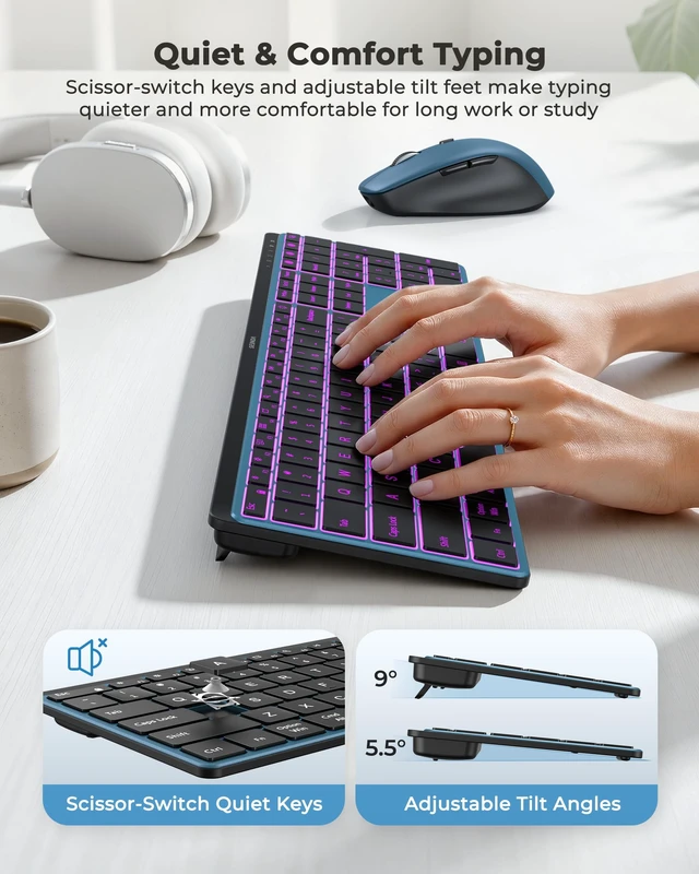 Alt view image 5 of 5 - seenda COE64-3 Pro Wireless Bluetooth Keyboard Mouse Combo, 7-Color Backlit