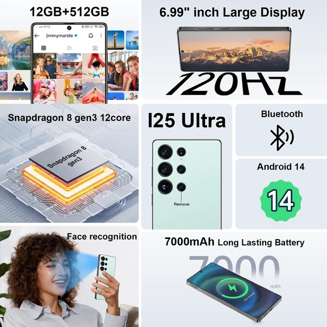 Alt view image 2 of 5 - zrchjm I25 Ultra 5G Unlocked Smartphone,16GB+512GB 7000mAh Fully Cell Phone for Android 14, 6.99" HD Screen Unlocked Cell Phone, 68MP+108MP Dual Camera/Dual SIM/Fingerprint (Cyan)