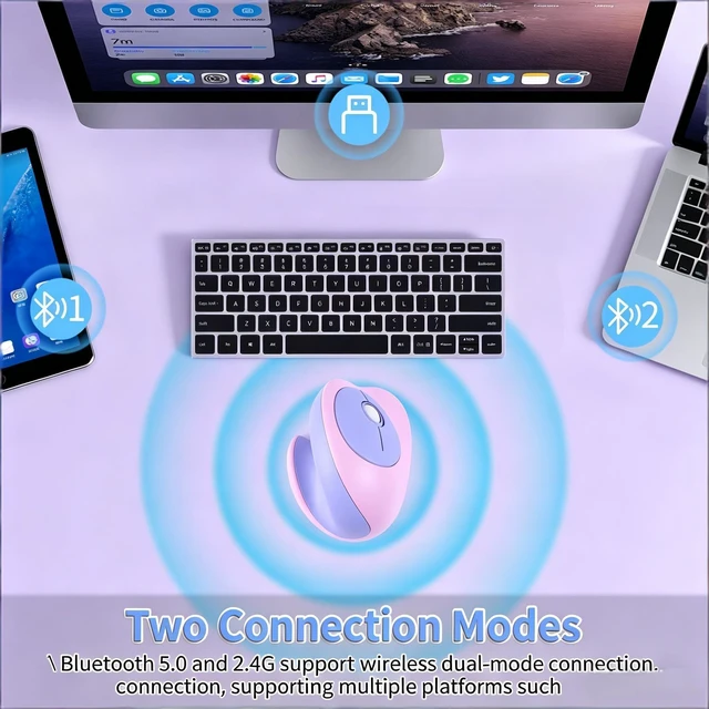 Alt view image 2 of 5 - Justdfine Ergonomic Vertical Wireless Mouse, 2.4G Bluetooth Dual Mode Silent Rechargeable Mini Mouse for Small Hands Girls Kids Laptop PC Office (Purple)