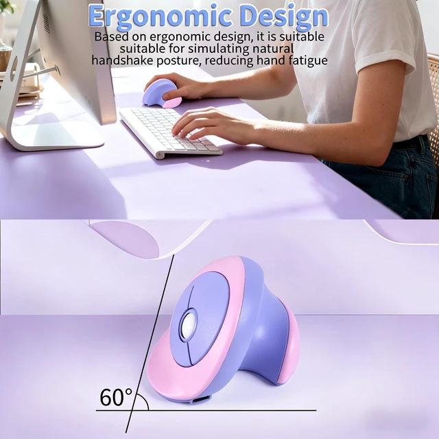 Alt view image 3 of 5 - Justdfine Ergonomic Vertical Wireless Mouse, 2.4G Bluetooth Dual Mode Silent Rechargeable Mini Mouse for Small Hands Girls Kids Laptop PC Office (Purple)