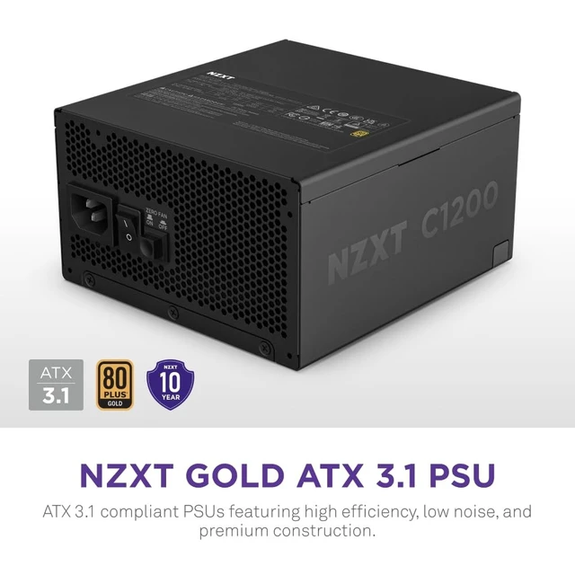 Alt view image 2 of 5 - NZXT C1200 Gold ATX 3.1 - Fully Modular Low-Noise PC Gaming Power Supply - 1200 Watts - 80 Plus Gold - 12V-2x6 Connector - Zero Fan Mode - 100% Japanese Capacitors - Black