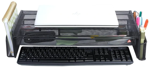 Alt view image 2 of 5 - Alba Monitor Stand with Drawer, Metal Mesh Monitor Riser, Black