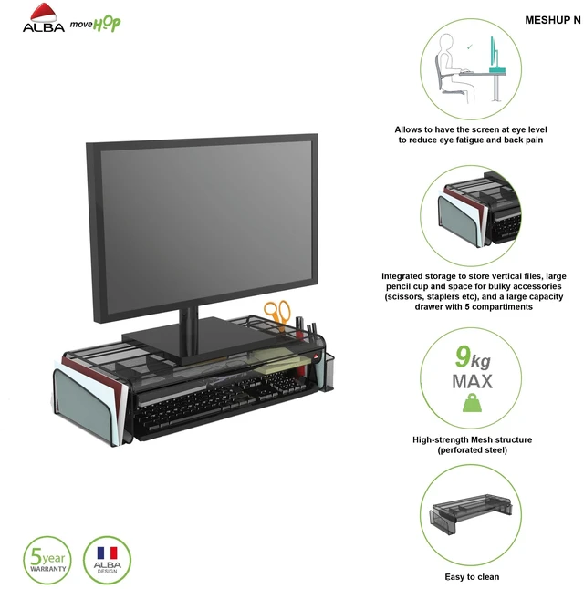 Alt view image 3 of 5 - Alba Monitor Stand with Drawer, Metal Mesh Monitor Riser, Black