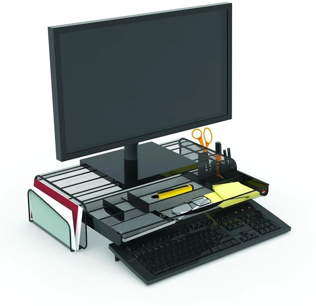 Alt view image 5 of 5 - Alba Monitor Stand with Drawer, Metal Mesh Monitor Riser, Black