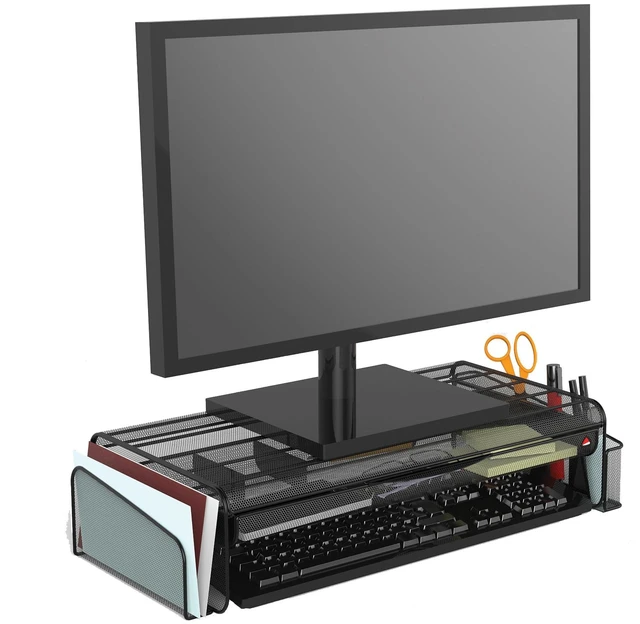 Alt view image 4 of 5 - Alba Monitor Stand with Drawer, Metal Mesh Monitor Riser, Black