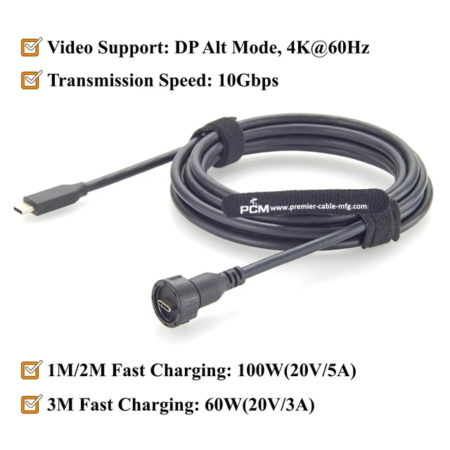 Alt view image 3 of 5 - IP67 Waterproof USB 3.1 Gen 2 Type-C Male to Male Cable Threaded Lock Industrial USB-C Cable 10Gbps Data Transfer, 100W Charging, DP 4K@60Hz for Embedded PC, HMI, Machine Vision (2M/6.6FT)