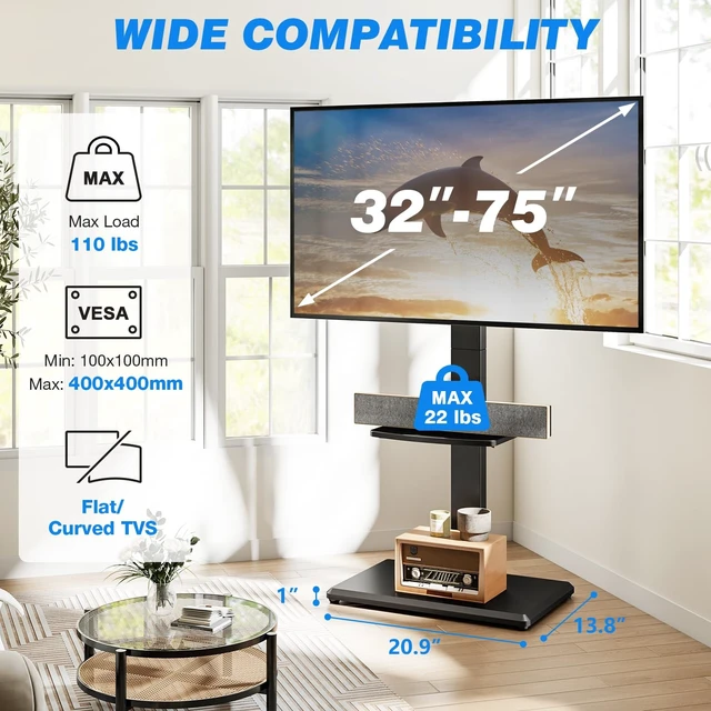 Alt view image 2 of 5 - Rfiver Floor TV Stand with Shelf for 32-75 Inch TVs