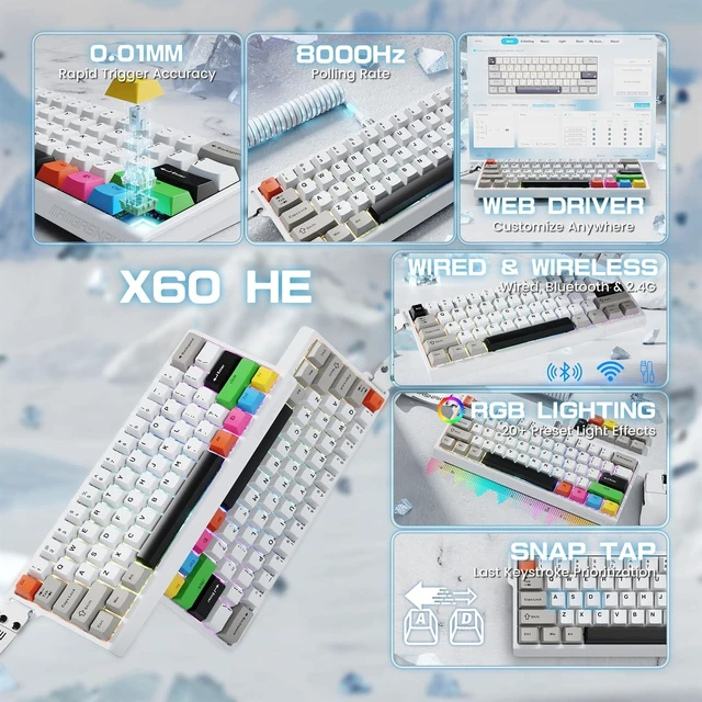 Alt view image 2 of 5 - MAMBASNAKE X60 HE Magnetic Switch Keyboard Adjustable Actuation,BT/2.4G/Wired Tri-Mode 60% Percent Mechanical Gaming Keyboard,8KHz Polling Rate Rapid Trigger,Web Driver for Win/Mac-White&Caps