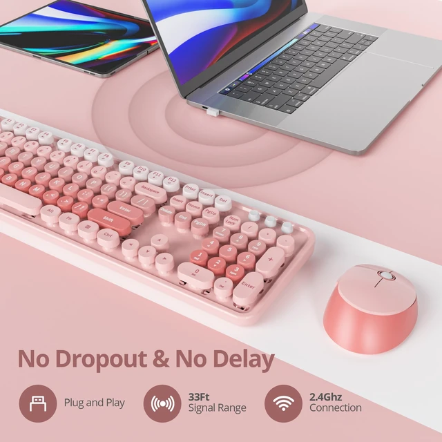 Alt view image 2 of 5 - Wireless Keyboard Mouse, SbocKeeb Retro Typewriter Cute Keyboard Pink
