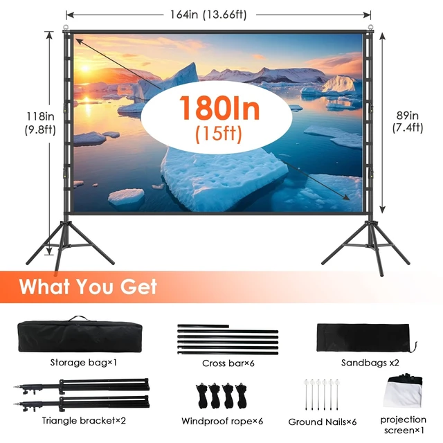 Alt view image 5 of 5 - Outdoor Projector Screen with Stand, 180 inch Indoor Movie Screen 16:9 4K Rear Front Portable Projection Screen, Quick Setup Foldable Travel Home Theater Screen with Carry Bag for Backyard Camping