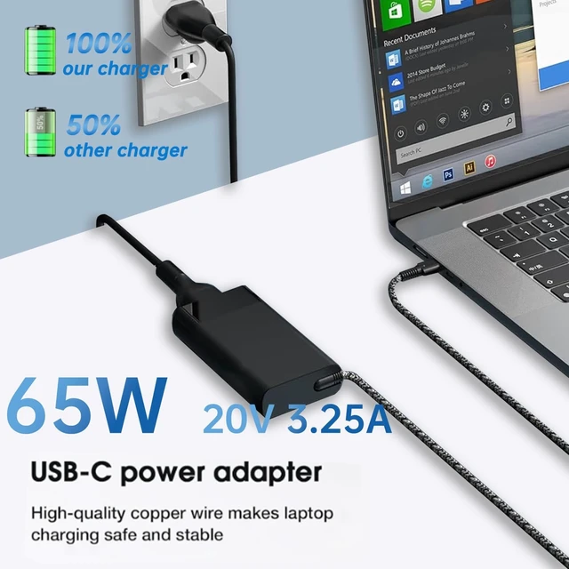 Alt view image 4 of 5 - 65W Laptop USB C Charger Fit for HP EliteBook x360 1030 630 745 835 840 845 860 ZBook 14u G5 Firefly 14 15 16 ProBook 440 450 455 460 Spectre x360 OmniBook Type C AC Adapter