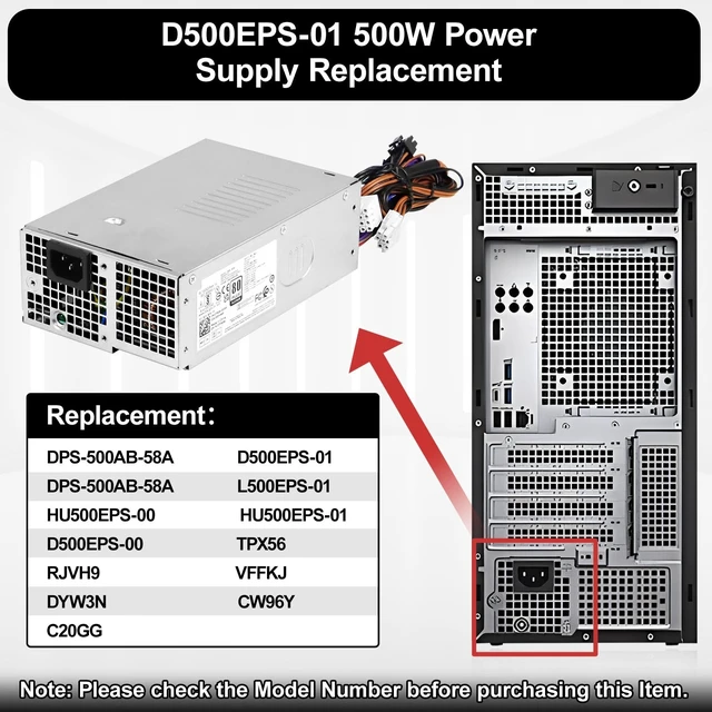 Alt view image 3 of 5 - LXun Upgraded L500EPS-01 D500EPS-00 500W Power Supply Compatible with DELL XPS 8950 Vostro 3901 3910 Inspiron 3910,D12,Latitude D500 Optiplex 7000MT 7000 Precision T3660 Replaces VFFKJ DYW3N