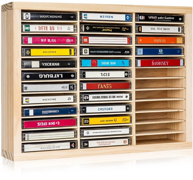 Main image of Cassette Tape Storage Rack, 36-Slot Wood Cassette Tape Holder, Wall Mount or Freestanding Audio Cassette Organizer for Audio Collections Accessory Playing Card Storage
