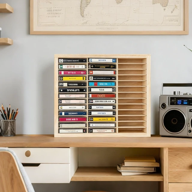Alt view image 2 of 5 - Cassette Tape Storage Rack, 36-Slot Wood Cassette Tape Holder, Wall Mount or Freestanding Audio Cassette Organizer for Audio Collections Accessory Playing Card Storage