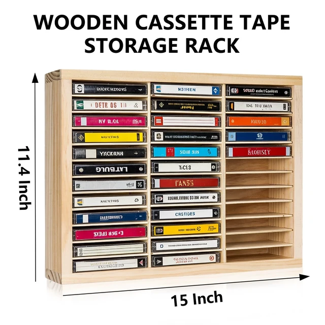 Alt view image 3 of 5 - Cassette Tape Storage Rack, 36-Slot Wood Cassette Tape Holder, Wall Mount or Freestanding Audio Cassette Organizer for Audio Collections Accessory Playing Card Storage