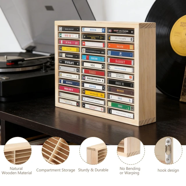 Alt view image 4 of 5 - Cassette Tape Storage Rack, 36-Slot Wood Cassette Tape Holder, Wall Mount or Freestanding Audio Cassette Organizer for Audio Collections Accessory Playing Card Storage