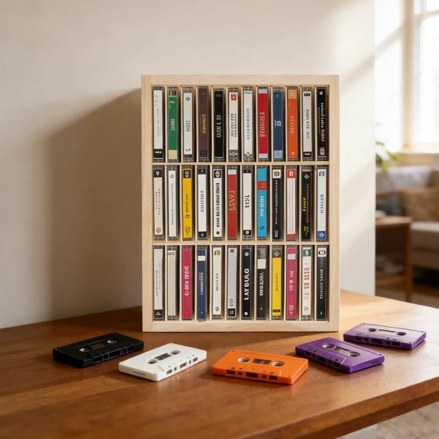 Alt view image 5 of 5 - Cassette Tape Storage Rack, 36-Slot Wood Cassette Tape Holder, Wall Mount or Freestanding Audio Cassette Organizer for Audio Collections Accessory Playing Card Storage