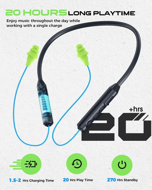 Alt view image 3 of 5 - MIPEACE Bluetooth Earplug Headphones, Neckband Wireless Earbuds earplugs-29db Noise Reduction isolating in-Ear earplug Earphones with Controls,IPX6 sweatproof,20+Hour Battery (Blue Green)