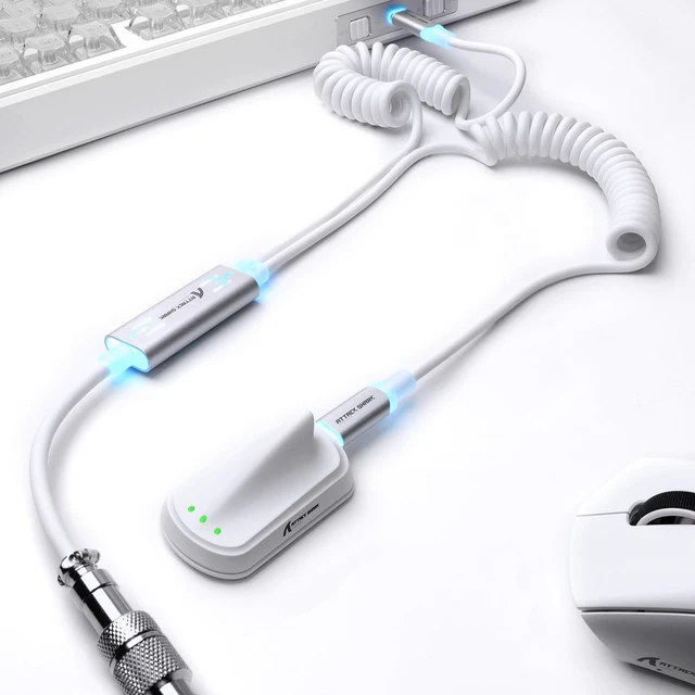 Main image of ATTACK SHARK C08 Dual USB-C RGB Coiled Keyboard Cable, 8K Fast Charging Data Cable for Mechanical Gaming Keyboard & Mouse, Detachable Aviator Connector, Custom Type-C Cable for PC Gamer,White