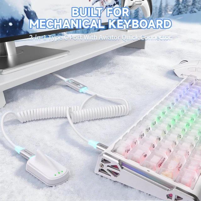 Alt view image 2 of 5 - ATTACK SHARK C08 Dual USB-C RGB Coiled Keyboard Cable, 8K Fast Charging Data Cable for Mechanical Gaming Keyboard & Mouse, Detachable Aviator Connector, Custom Type-C Cable for PC Gamer,White